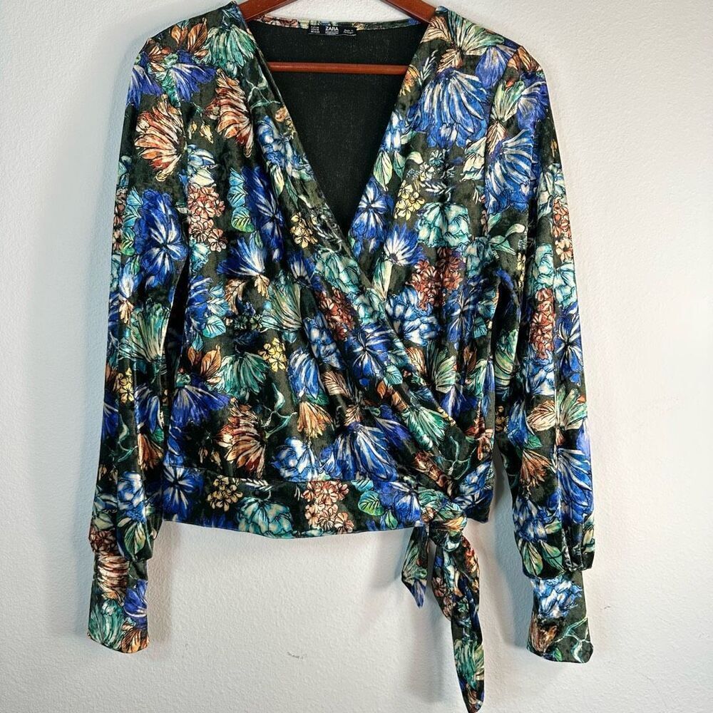 Zara Collection Womens Boho Floral Crushed Velvet Surplice Cropped Top Medium